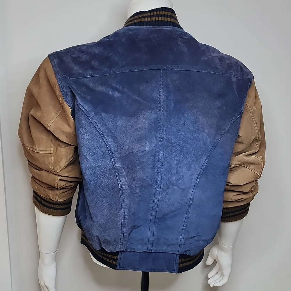 PORT AUTHORITY VINTAGE SUADE BOMBER LEATHER JACKET, LARGE, BLUE AND BROWN